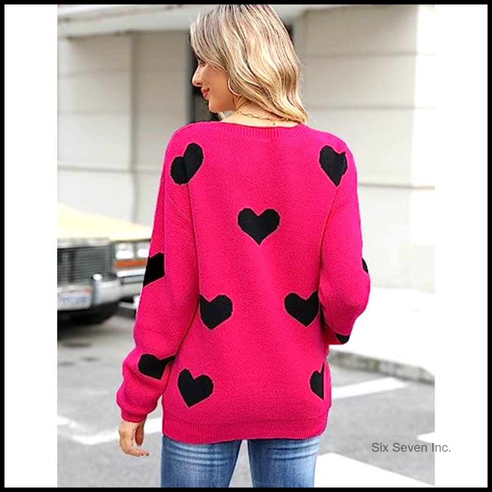 Crew Neck Pullover Sweater Long Sleeve Knitted Casual Y2K Cute Heart Pattern - Picture 3 of 7